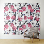 Roze magnolia en blauwe stietvogels wandkleed (In Situ (horizontaal))