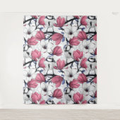 Roze magnolia en blauwe stietvogels wandkleed (Voorkant)