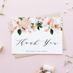 Roze Magnolia- en Hortensia Baby Shower Bedankkaart