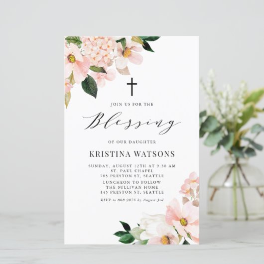 Roze Magnolia en Hydrangea Baby Zegen Uitnodigen (Staand voorkant)