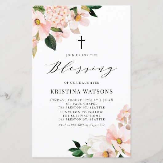 Roze Magnolia en Hydrangea Baby Zegen Uitnodigen (Voorkant)