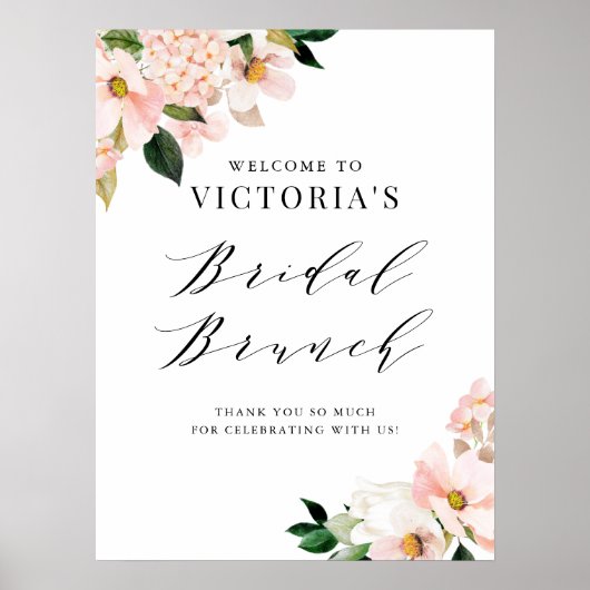 Roze Magnolia en Hydrangea Bridal Brunch Welkom Poster (Voorkant)