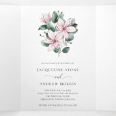 Roze Magnolia Eucalyptus Floral Photo Weddenschap Drieluik Uitnodiging (Binnenkant midden)