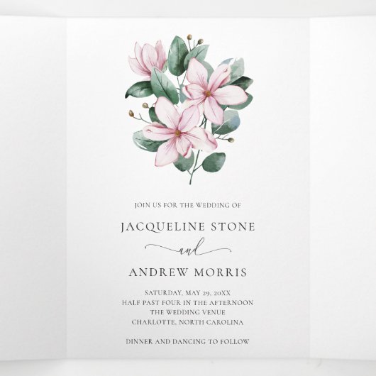 Roze Magnolia Eucalyptus Floral Photo Weddenschap Drieluik Uitnodiging (Binnenkant midden)