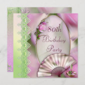  roze Magnolia & Fan 80e verjaardag Kaart (Voorkant / Achterkant)