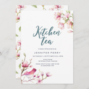 Roze Magnolia Floral Kitchen Tea Party Invitation Kaart