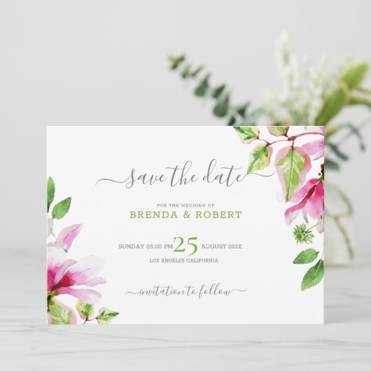 Roze magnolia floral lijst behalve de datum save the date (Staand voorkant)
