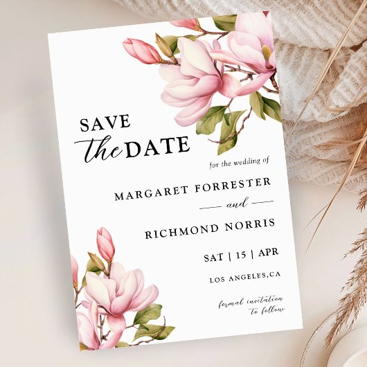 Roze Magnolia Floral Wedding Save the Date Kaart