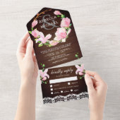 Roze Magnolia Floral Wreath Barn Wood Weddenschap All In One Uitnodiging (Afscheurbaar)