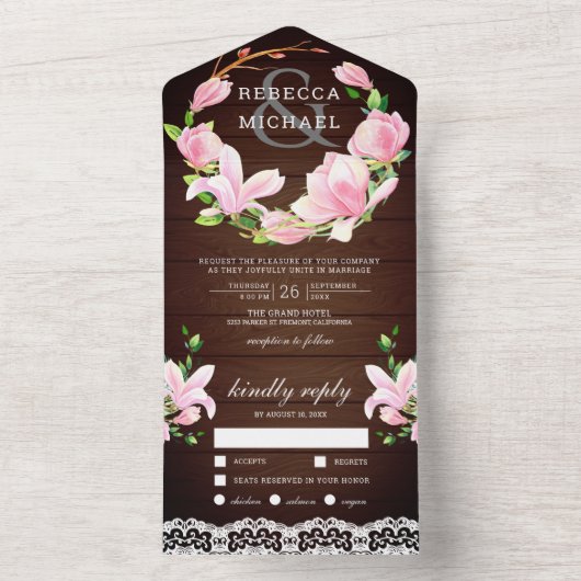 Roze Magnolia Floral Wreath Barn Wood Weddenschap All In One Uitnodiging (Binnen)