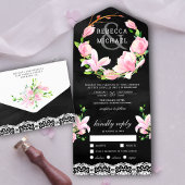 Roze Magnolia Floral Wreath Black Wedding All In One Uitnodiging