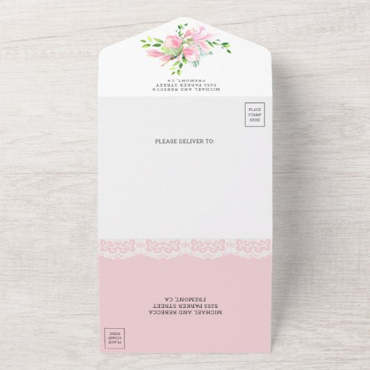 Roze Magnolia Floral Wreath Wedding All In One Uitnodiging (Buitenkant)