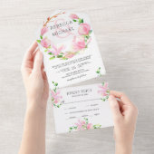 Roze Magnolia Floral Wreath Wedding All In One Uitnodiging (Afscheurbaar)