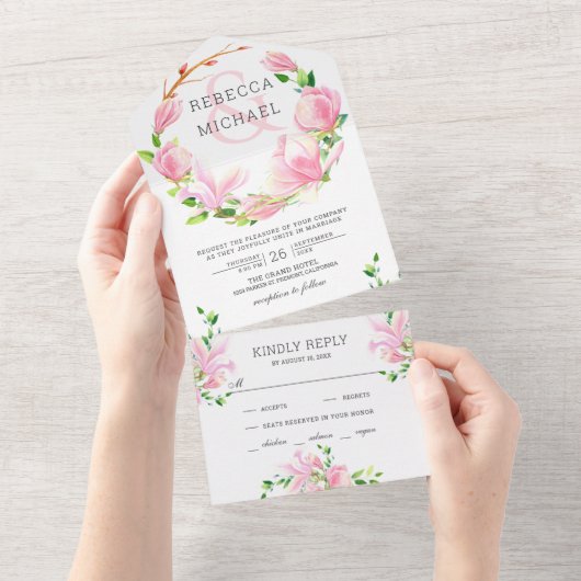Roze Magnolia Floral Wreath Wedding All In One Uitnodiging (Afscheurbaar)