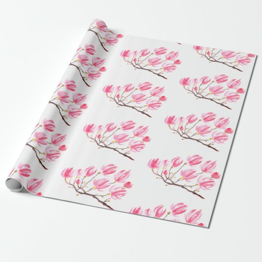 Roze Magnolia florale waterverf elegant Vintage Cadeaupapier (Uitgerold)