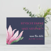 Roze magnolia Flower Blue WEDDING BEWAREN DE DATUM Kaart (Staand voorkant)