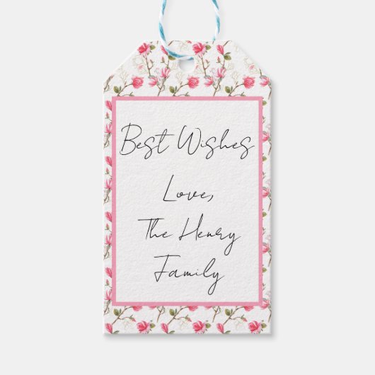 Roze magnolia flower gift label, personaliseren cadeaulabel (Voorkant)