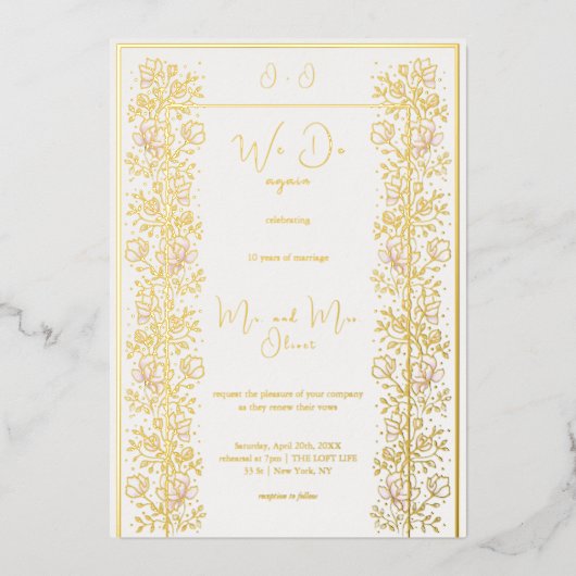 Roze Magnolia Gelofte Vernieuwing 10 jaar Folie Uitnodiging (Voorkant)