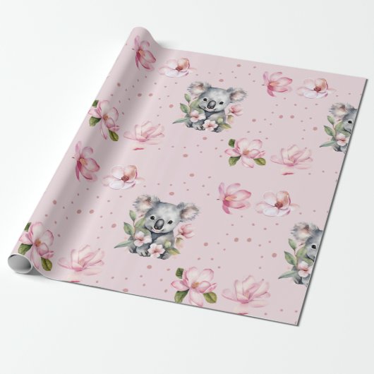 Roze Magnolia Koala Beer Waterverf Gift Cadeaupapier (Uitgerold)