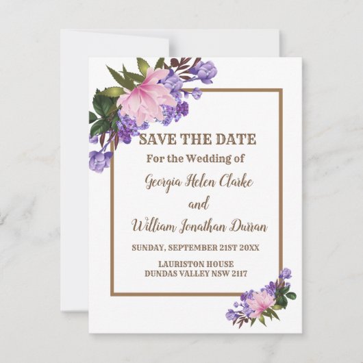 Roze Magnolia Lavender Floral Save the Date Kaart (Voorkant)