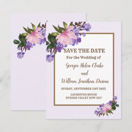 Roze Magnolia Lavender Floral Save the Date Kaart (Voorkant / Achterkant)