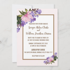Roze Magnolia Lavender Floral Wedding Invitation Kaart