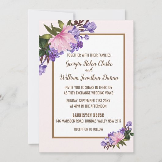 Roze Magnolia Lavender Floral Wedding Invitation Kaart (Voorkant)