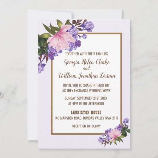 Roze Magnolia Lavender Floral Wedding Invitation Kaart (Voorkant)