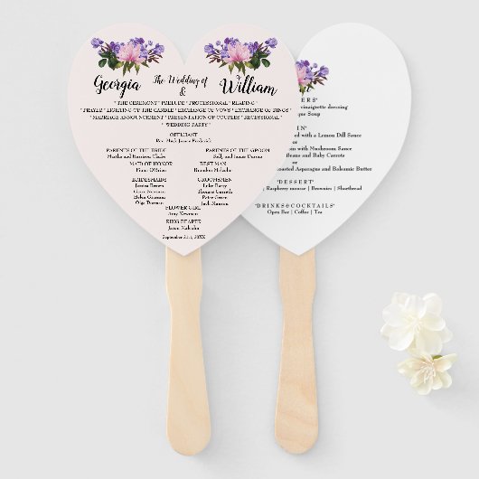 Roze Magnolia Lavender Floral Wedding Menu Fan Handwaaier (Voorkant en achterkant)