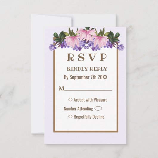 Roze Magnolia Lavender Floral Wedding RSVP-kaart Kaart (Voorkant)
