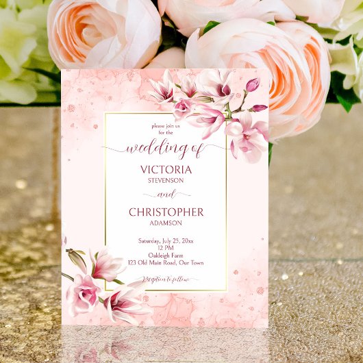 Roze magnolia lente bloemen budget bruiloft uitnod