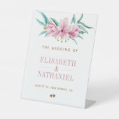 Roze magnolia lente tuin bruiloft welkom teken reclamebord met voetstuk (Voorkant)