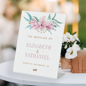 Roze magnolia lente tuin bruiloft welkom teken reclamebord met voetstuk