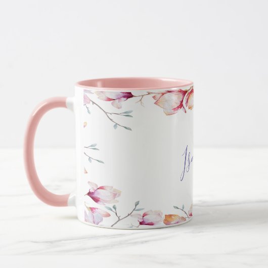 Roze magnolia lijst op witte naam mok (Links)