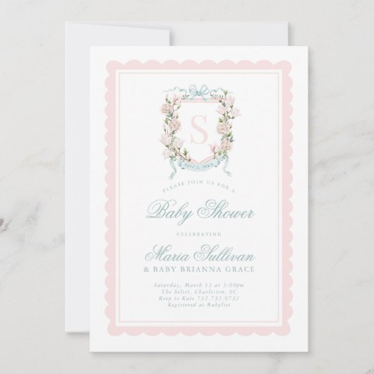 Roze Magnolia Monogram Baby in Bloom Shower Kaart (Voorkant)