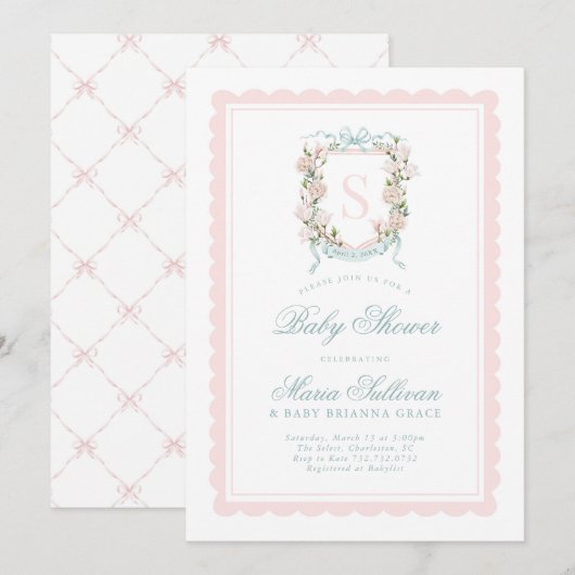 Roze Magnolia Monogram Baby in Bloom Shower Kaart (Voorkant / Achterkant)