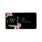 Roze Magnolia Monogram op Black Weddenschap Etiket (Voorkant)