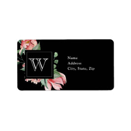Roze Magnolia Monogram op Black Weddenschap Etiket