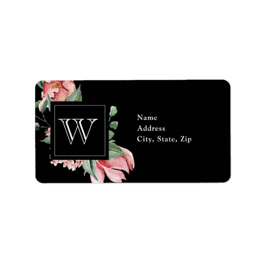 Roze Magnolia Monogram op Black Weddenschap Etiket (Voorkant)