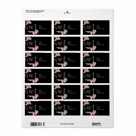 Roze Magnolia Monogram op Black Weddenschap Etiket (Full Sheet)