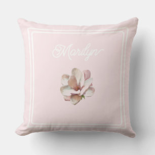 Roze magnolia monogrammen werpt kussen uit