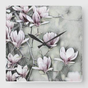 Roze magnolia tak die grijze zwarte achtergrond te vierkante klok