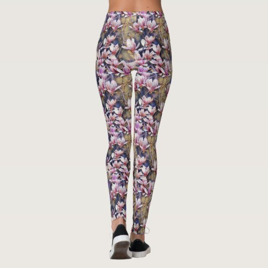 Roze magnolia tak waterverf paarse achtergrond leggings (Achterkant)