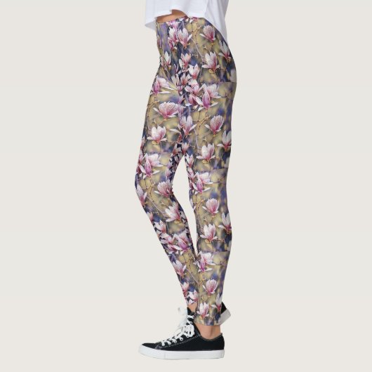 Roze magnolia tak waterverf paarse achtergrond leggings (Links)