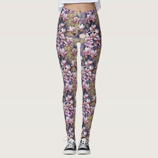 Roze magnolia tak waterverf paarse achtergrond leggings (Voorkant)
