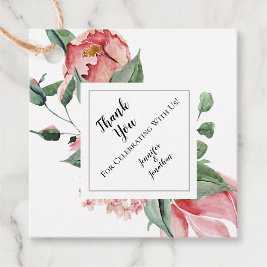 Roze Magnolia Traditional Floral Weddenschap Bedan Bedankjes Labels (Voorkant)