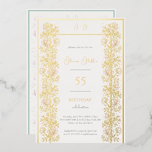 Roze Magnolia verjaardag op elke leeftijd Folie Uitnodiging (Voorkant / Achterkant)