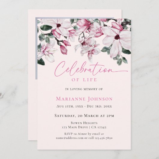 Roze Magnolia Viering van het leven Bloemen Begraf Kaart (Voorkant / Achterkant)