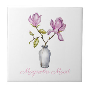 Roze Magnolia Watercolor Botanisch Tegeltje