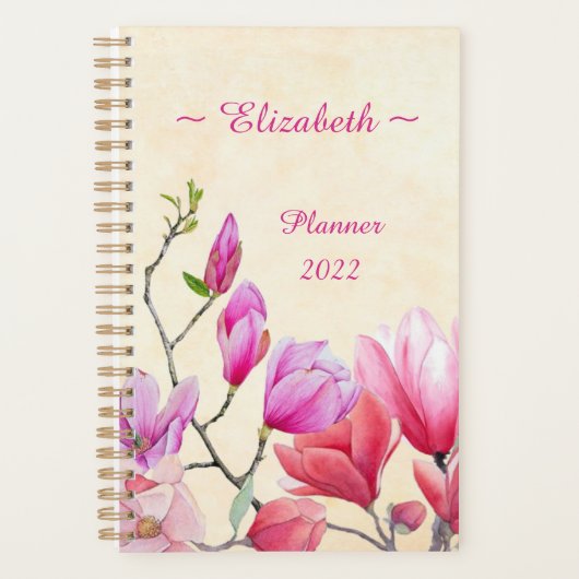 Roze Magnolia Waterverf aanpassen / personaliseren Planner (Voorkant)